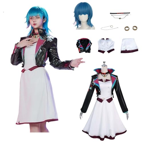 Wigbiu Anime Arcane Jinx Cosplay-Outfit mit Perücke Halskette Ohrclips Accessoires Kostüm für Kinder Erwachsene Damen Komplettset Uniform Halloween Karneval Tanzparty Verkleidung günstig (XL) von Wigbiu