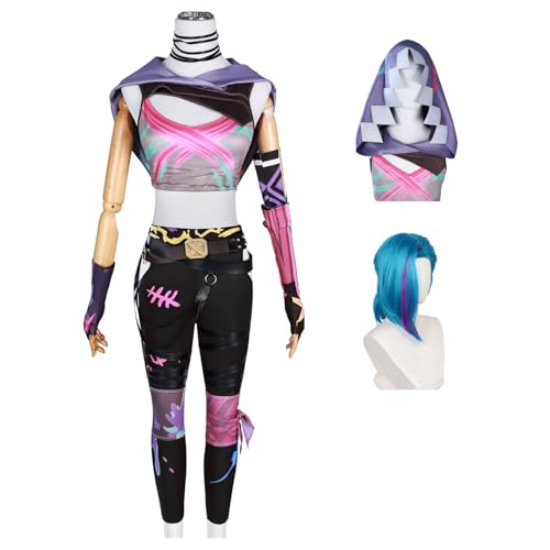Wigbiu Anime Arcane'Jinx Cosplay Outfit mit Perücke Spiel Staffel 2 Kostüm Weste Handschuhe Hüftgurt Uniform Accessoires komplettes Set Halloween Karneval Kostüm Kleidung für Frauen Unisex von Wigbiu