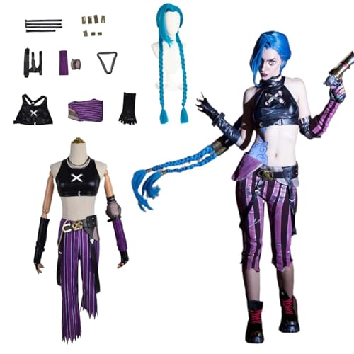 Wigbiu Anime Arcane Staffel 2 Jinx Cosplay-Outfit mit Perücke Hose Kopfschmuck Halskette Accessoires Kostüm für Kinder Erwachsene, Komplettset Uniform Halloween Karneval (M) von Wigbiu