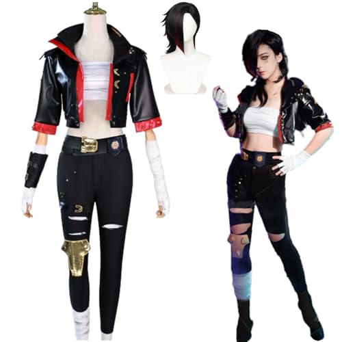 Wigbiu Anime Arcane-Staffel 2 Vi Cosplay Outfit mit Perücke Spielfiguren Jacke Kostüm Uniform Zubehör komplettes Kleidungsset Halloween Karneval Kostüm für Damen Unisex von Wigbiu
