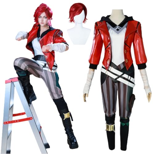 Wigbiu Anime Arcane-Staffel 2 Vi Cosplay Outfit mit Perücke Spielfiguren Jacke Kostüm Uniform Zubehör komplettes Kleidungsset Halloween Karneval Kostüm für Damen Unisex von Wigbiu