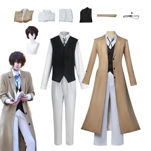 Wigbiu Anime Bungou Stray Dogs Dazai Osamu Cosplay Kostüm für Damen und Herren Beige Uniform Komplettset mit Perücke für Halloween Weihnachten Karneval AnimeParty Rollenspiel Outfit Geschenk (S) von Wigbiu