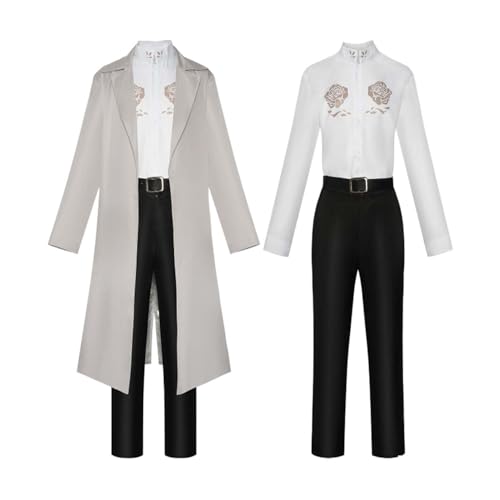 Wigbiu Anime Bungou Stray Dogs Dazai Osamu Cosplay Kostüm für Damen und Herren graue Uniform komplettes Set mit Perücke für Halloween Weihnachten Karneval Anime Party Rollenspiel Outfit Geschenk (M) von Wigbiu