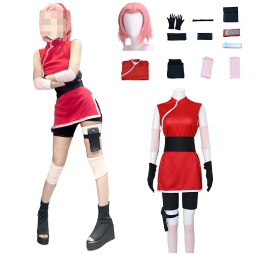 Wigbiu Anime Charakter Haruno S’akura Cosplay Kostüm für Kinder Erwachsene Kimono Outfit Anzug mit Perücke Gürtel Handschuhen Accessoires Halloween Weihnachten Karneval Rollenspiel (M) von Wigbiu