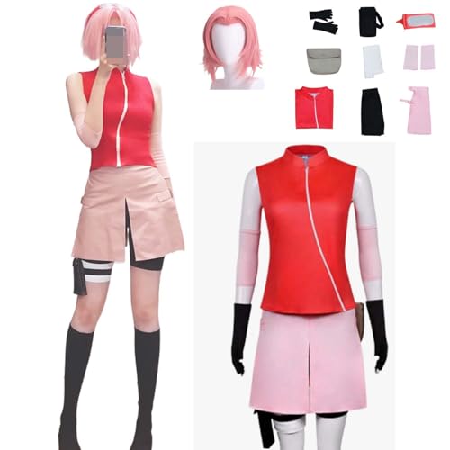 Wigbiu Anime Charakter Haruno S’akura Cosplay Kostüm für Kinder Erwachsene Kimono Outfit mit Perücke Handschuhen Accessoires Halloween Weihnachten Karneval Rollenspiel (M) von Wigbiu