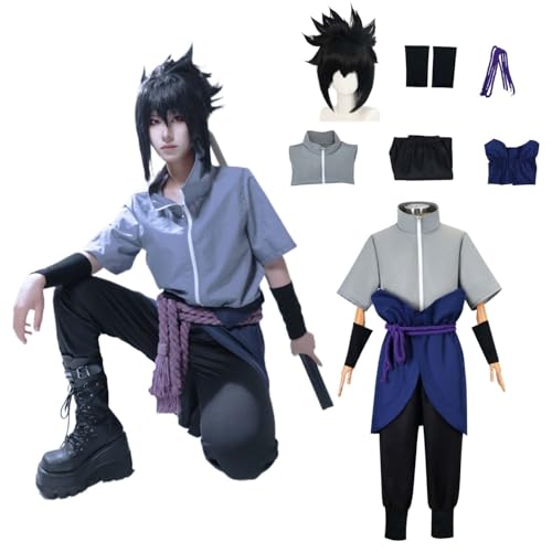 Wigbiu Anime Charakter Uchiha Sasuke Cosplay Kostüm für Kinder Erwachsene Kimono Outfit mit Perücke grauem Hemd Accessoires Halloween Weihnachten Karneval Rollenspiel Kleidung (XL) von Wigbiu