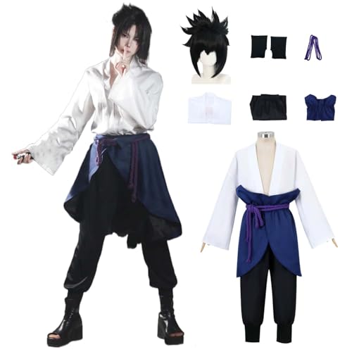 Wigbiu Anime Charakter Uchiha Sasuke Cosplay Kostüm für Kinder Erwachsene Kimono Outfit mit Perücke weißem Hemd Accessoires Halloween Weihnachten Karneval Rollenspiel Kleidung (XS) von Wigbiu
