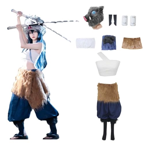 Wigbiu Anime Dämonentöter Hashibira Inosuke Cosplay Kostüm für Kinder Frauen Erwachsene Ganzkörperanzug mit Wildschweinmaske Hose Halloween Weihnachten Karneval Rollenspiel Outfit Geschenk von Wigbiu