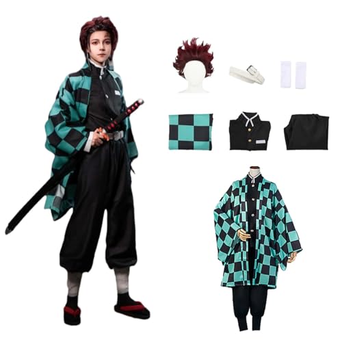 Wigbiu Anime Dämonentöter Kamado Tanjirou Cosplay Kostüm für Kinder Erwachsene Cosplay Umhang Kimono Outfit Accessoires komplettes Set mit Perücke Halloween Karneval Weihnachten von Wigbiu