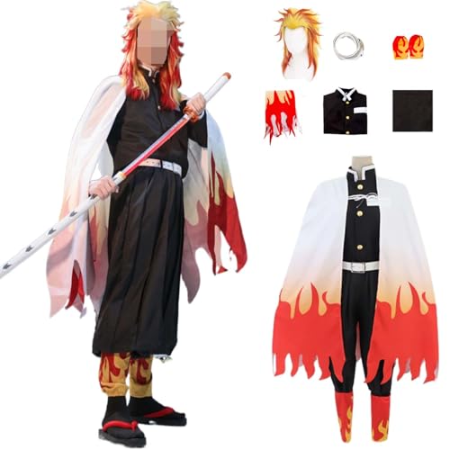 Wigbiu Anime Dämonentöter Rengoku Kyoujurou Cosplay Kostüm für Kinder Erwachsene Anzug mit Perücke Gürtel Umhang Karneval Rollenspiel Halloween Fantasy Geschenk von Wigbiu