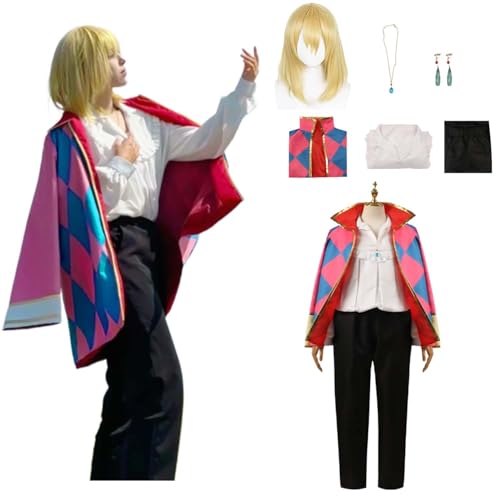 Wigbiu Anime Das wandelnde Schloss Howl Cosplay Kostüm für Kinder Erwachsene Männer Outfit mit Perücke Ohrringe Zubehör Uniform Karneval Performance Halloween Kostüme Anzug (2XL) von Wigbiu