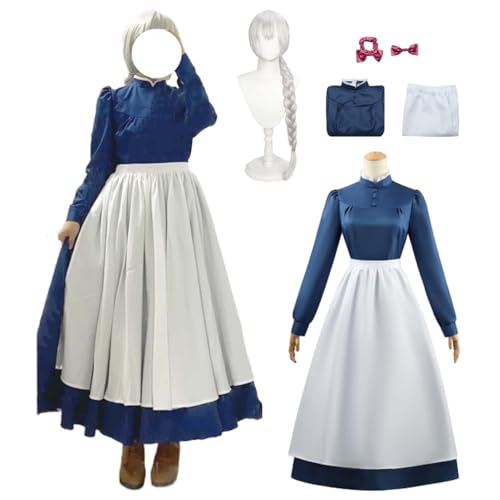 Wigbiu Anime Das wandelnde Schloss Sophie Hutmacher Cosplay Kostüm für Kinder Mädchen blaues Dienstmädchenkleid mit Perücke Kopfschmuck Accessoires Uniform Anzug für Halloween (M) von Wigbiu
