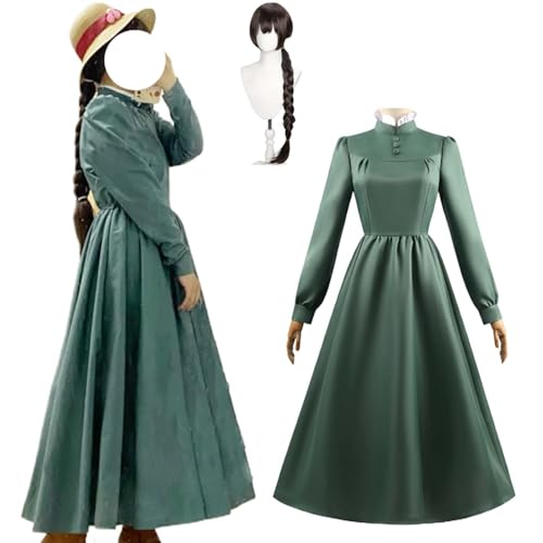 Wigbiu Anime Das wandelnde Schloss Sophie Hutmacher Cosplay Kostüm für Kinder Mädchen grünes Kleid Outfit mit Perücke Hut Kopfschmuck Accessoires Uniform Anzug für Halloween (M) von Wigbiu
