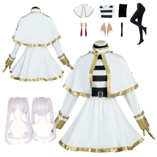 Wigbiu Anime Frieren Cosplay Kostüm mit Perücke Frieren at the Funeral Cosplay Kostüme Weißer Rockanzug Himmel Fern Stark Heiter Ubel Rollenspiel Kleidung Uniform Set für Damen Herren und Kinder von Wigbiu