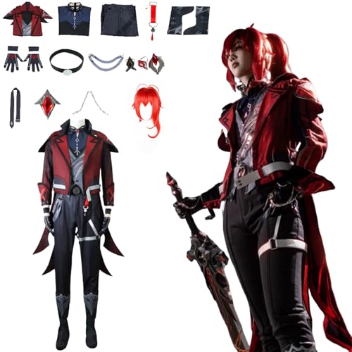 Wigbiu Anime Genshin Impact Kostüm Spielfiguren Diluc Ragnvindr Cosplay-Outfit Rock Jacke Uniform Zubehör Komplettes Kleidungsset Halloween Karneval Kostüm für Damen Unisex von Wigbiu