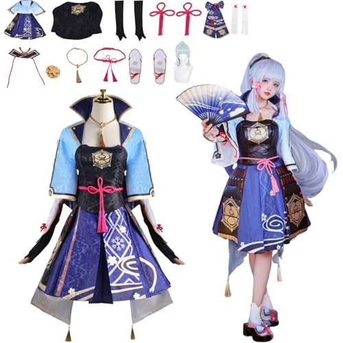 Wigbiu Anime Genshin Impact Kostüm Spielfiguren Kamisato Ayaka Cosplay-Outfit Rock Jacke Uniform Zubehör Komplettes Kleidungsset Halloween Karneval Kostüm für Damen Unisex von Wigbiu