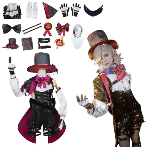 Wigbiu Anime Genshin Impact Kostüm Spielfiguren Lyney Cosplay-Outfit Rock Jacke Uniform Zubehör Komplettes Kleidungsset Halloween Karneval Kostüm für Damen Unisex von Wigbiu