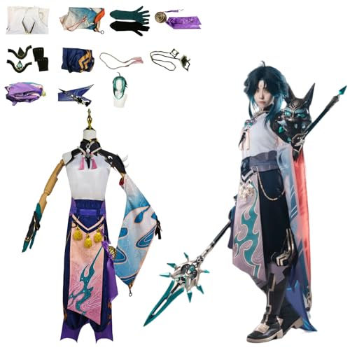 Wigbiu Anime Genshin Impact Kostüm Spielfiguren Xiao Cosplay-Outfit Rock Jacke Uniform Zubehör Komplettes Kleidungsset Halloween Karneval Kostüm für Damen Unisex von Wigbiu