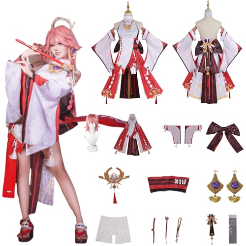 Wigbiu Anime Genshin Impact Kostüm Spielfiguren Yae Miko Cosplay-Outfit Rock Jacke Uniform Zubehör Komplettes Kleidungsset Halloween Karneval Kostüm für Damen Unisex von Wigbiu