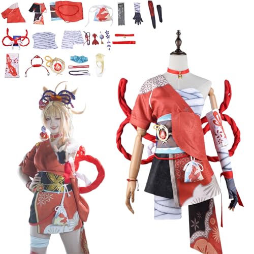 Wigbiu Anime Genshin Impact Kostüm Spielfiguren Yoimiya Cosplay-Outfit Rock Jacke Uniform Zubehör Komplettes Kleidungsset Halloween Karneval Kostüm für Damen Unisex von Wigbiu