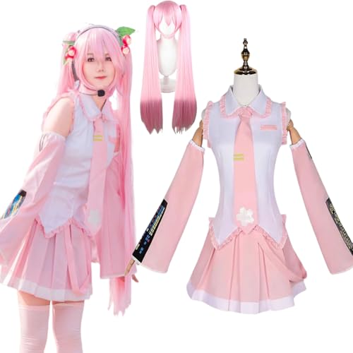 Wigbiu Anime Hatsune-Miku Cosplay Outfit mit Perücke Schnee Anfänger Future JK Matrosenkostüm Ärmel Kopfbedeckung Accessoires Uniform-Set Rosa Kleidung Halloween Karneval Kostüm für Frauen Unisex von Wigbiu