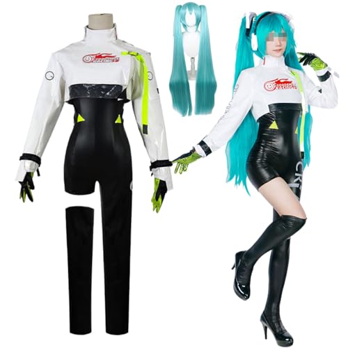 Wigbiu Anime Hatsune-Racing-Miku Cosplay Outfit mit Perücke Anfänger Zukunft Lackleder Kostüm Ärmel Accessoires Uniform Set Kleidung Halloween Karneval Kostüm für Frauen Unisex von Wigbiu