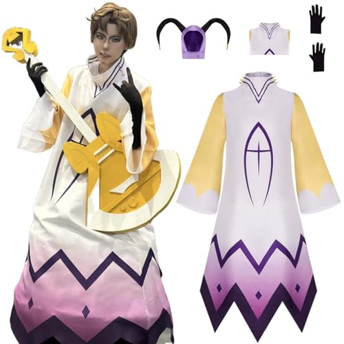 Wigbiu Anime Hazbin Hotel Adam der Exorzist Cosplay Kostüm für Kinder Erwachsene Outfit mit Perücke Kopfbedeckung gelbe Robe Halloween Weihnachten Karneval Rollenspiel Uniform (S) von Wigbiu