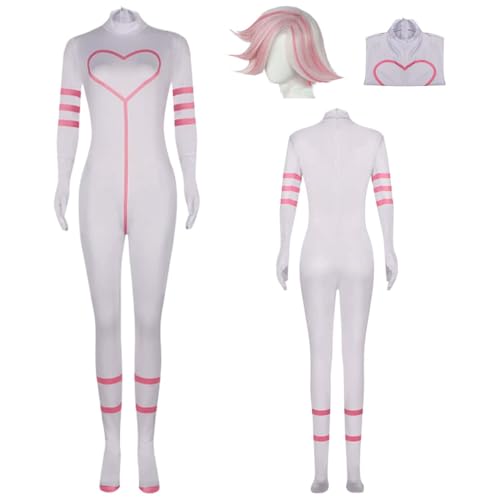 Wigbiu Anime Hazbin Hotel Angel Dust Cosplay Kostüm für Kinder Erwachsene Frauen Outfit mit Perücke Zubehör Komplettset weißer Body Halloween Weihnachten Karneval Rollenspiel Uniform (M) von Wigbiu