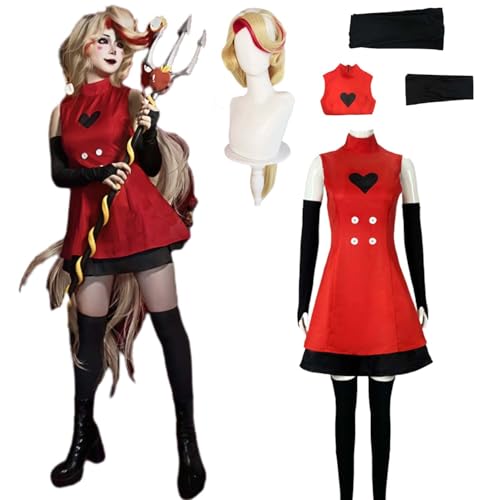 Wigbiu Anime Hazbin Hotel Charlie Morningstar Cosplay Kostüm für Kinder Erwachsene Frauen Outfit mit Perücke Zubehör Kleid Halloween Weihnachten Karneval Rollenspiel Uniform (S) von Wigbiu