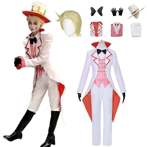 Wigbiu Anime Hazbin Hotel Lucifer Morningstar Cosplay Kostüm für Kinder Erwachsene Outfit mit Perücke Hut Robe Accessoires Komplettset Halloween Weihnachten Karneval Rollenspiel Uniform (M) von Wigbiu