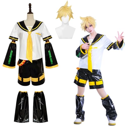 Wigbiu Anime Kagamine Rin/Len Cosplay Outfit Kostüm mit Perücke JK Matrosen Accessoires Uniform Set Highschool Kleidung Halloween Karneval Kostüm für Frauen Unisex (Len) von Wigbiu