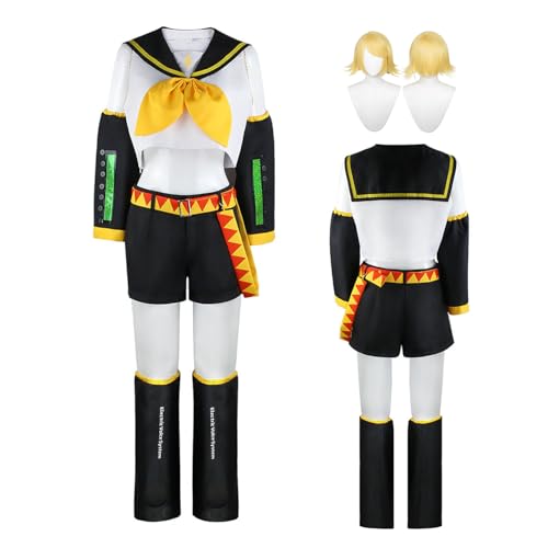 Wigbiu Anime Kagamine Rin/Len Cosplay Outfit Kostüm mit Perücke JK Matrosenuniform Zubehör Set Highschool Kleidung Halloween Karneval Kostüm für Frauen Unisex (Rin) von Wigbiu