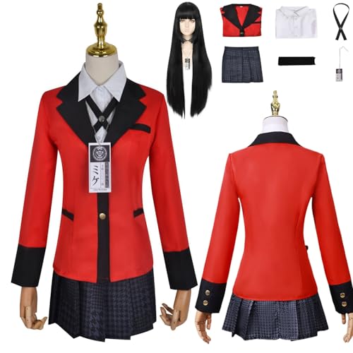 Wigbiu Anime Kakegurui Jabami Yumeko Cosplay Kostüm mit Perücke Schuluniform Set für Damen Mädchen Mantel kurzer Rock Anzug Halloween Weihnachten Karneval Party Rollenspiel Geschenk Kleidung von Wigbiu