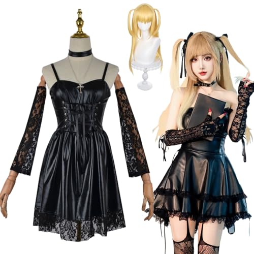 Wigbiu Anime Misa Amane Cosplay Kostüm mit Perücke Death Note Charakter Uniform Kleid Kunstleder Gothic Rock Anzug für Erwachsene Kinder Mädchen Halloween Karneval Party Kleidung und Accessoires von Wigbiu
