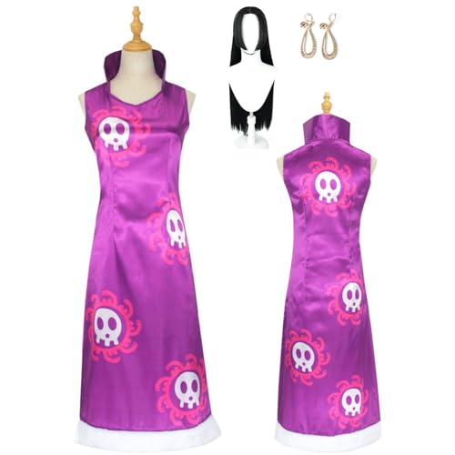 Wigbiu Anime One Piece Boa H'ancock Cosplay Kostüm mit Perücke Ohrringen Kaiserin Kimono Rock Outfit für Damen lila Kleid Uniform komplettes Set für Halloween Weihnachten Karneval Party Rollenspiel von Wigbiu