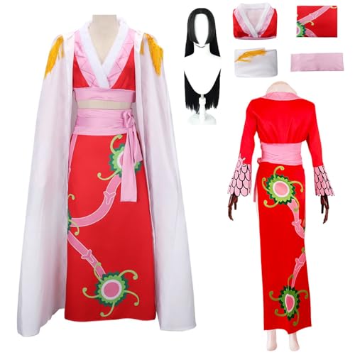 Wigbiu Anime One Piece Boa H'ancock Cosplay Kostüm mit Perücke rotes Kleid Uniform komplettes Set für Damen Kaiserin Kimono Rock Outfit Anzug für Halloween Weihnachten Karneval Party Rollenspiel von Wigbiu