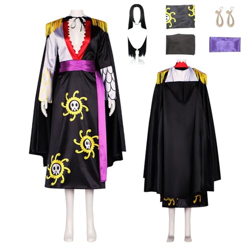 Wigbiu Anime One Piece Boa H'ancock Cosplay Kostüm mit Perücke schwarzes Kimono Kleid komplettes Set für Damen Kaiserin Rock Outfit für Halloween Weihnachten Karneval Party Rollenspiel Uniform von Wigbiu