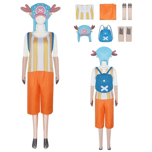 Wigbiu Anime One Piece Chopper Cosplay Kostüm Outfit mit Hut Oberteil Shorts Uniform Anzug für Kinder und Herren Halloween Weihnachten Karneval Party Rollenspiel Geschenke Kleidung Komplettset von Wigbiu