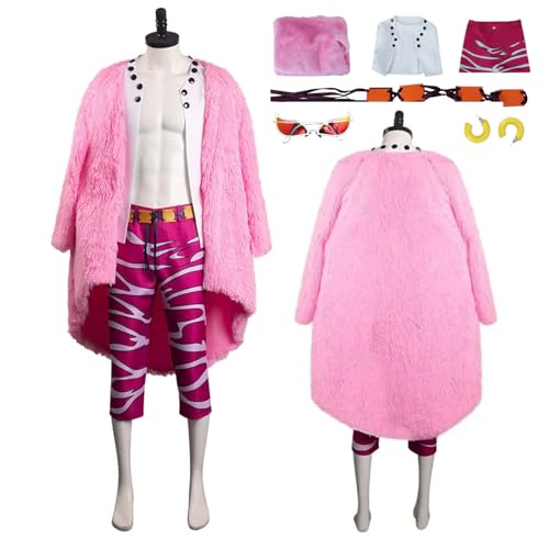 Wigbiu Anime One Piece Doflamingo Cosplay Kostüm für Kinder Damen und Herren Jacke Outfit Komplettset mit Brille Gürtel rosa Umhang Uniform Anzug für Halloween Weihnachten Karneval Party Rollenspiele von Wigbiu