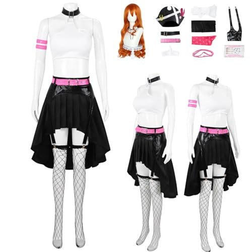 Wigbiu Anime One Piece Nami Cosplay Kostüm mit Perücke Hut Weste und Rock Komplettset für Damen und Kinder schwarze Uniform für Halloween Weihnachten Karneval Party Rollenspiel von Wigbiu