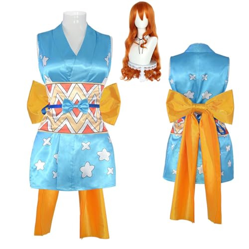 Wigbiu Anime One Piece Nami Cosplay Kostüm mit Perücke Weste Kimono Rock Komplettset für Damen und Kinder blaue Uniform für Halloween Weihnachten Karneval Party Rollenspiel von Wigbiu