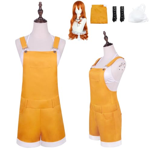 Wigbiu Anime One Piece Nami Cosplay Kostüm mit Perücke Weste Shorts Komplettset für Damen und Kinder Gelbe Uniform für Halloween Weihnachten Karneval Party Rollenspiel von Wigbiu