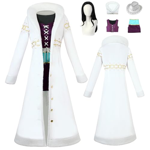 Wigbiu Anime One Piece Nico Robin Cosplay Kostüm für Damen und Herren Umhang Jacke Outfit Anzug mit Perücke Hut Trenchcoat Kleid Uniform komplettes Set für Halloween Karneval Party Rollenspiel von Wigbiu