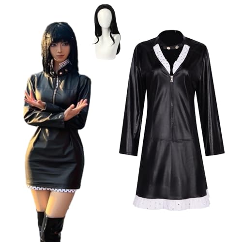 Wigbiu Anime One Piece Nico Robin Cosplay Kostüm mit Perücke Damen Lackleder Kleid Outfit Rock Anzug für Halloween Weihnachten Karneval Party Rollenspiel Geschenke von Wigbiu