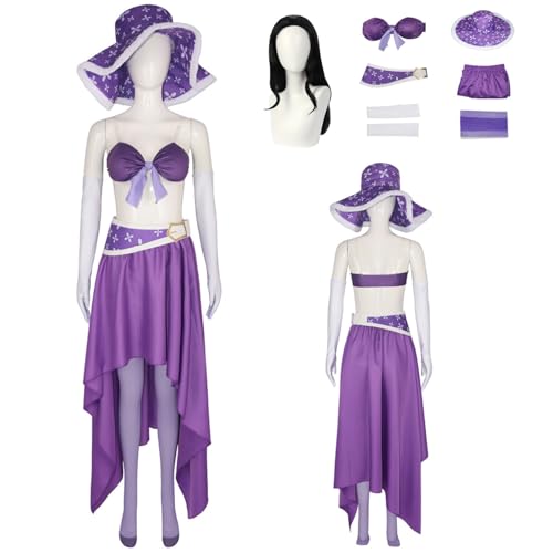 Wigbiu Anime One Piece Nico Robin Cosplay Kostüm mit Perücke und Hut Damen Outfit lila Rock Anzug für Halloween Weihnachten Karneval Party Rollenspiel Geschenke Kleidung von Wigbiu