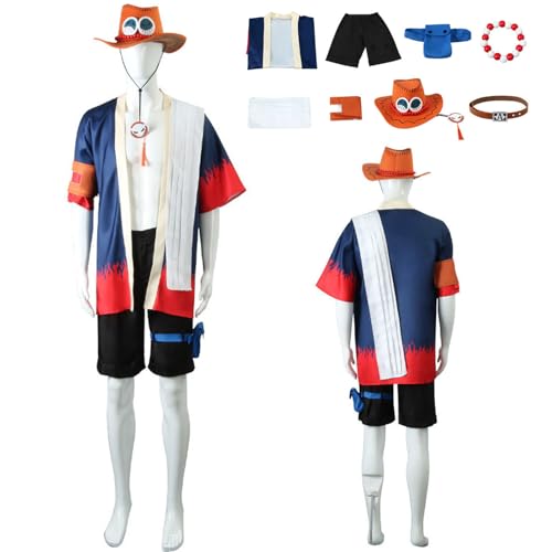 Wigbiu Anime One Piece Portgas D Ace Cosplay Kostüm mit Hut Umhang Outfit komplettes Set für Kinder und Herren Mantel Uniform Anzug für Halloween Weihnachten Karneval Party Rollenspiel Geschenke von Wigbiu