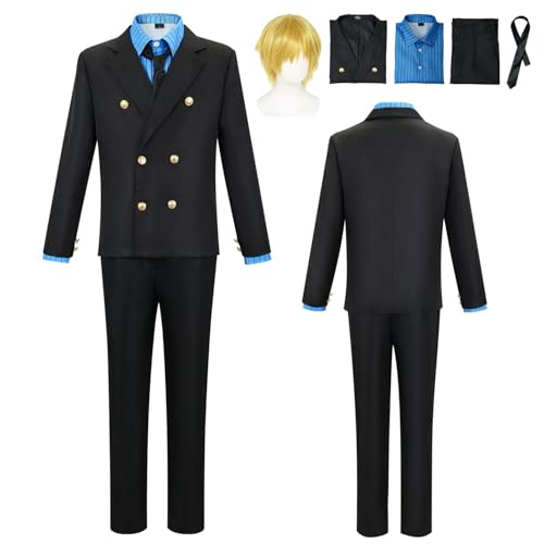 Wigbiu Anime One Piece Sanji Cosplay Kostüm für Kinder Damen und Herren Jacke Outfit Anzug mit Perücke Mantel Uniform Komplettset für Halloween Weihnachten Karneval Party Rollenspiel (Blue) von Wigbiu