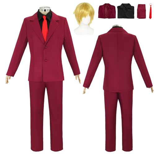 Wigbiu Anime One Piece Sanji Cosplay Kostüm für Kinder Damen und Herren Jacke Outfit Anzug mit Perücke Mantel Uniform Komplettset für Halloween Weihnachten Karneval Party Rollenspiel (Red) von Wigbiu