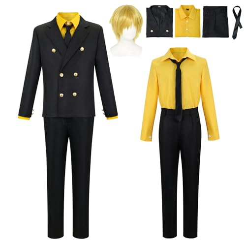 Wigbiu Anime One Piece Sanji Cosplay Kostüm für Kinder Damen und Herren Jacke Outfit Anzug mit Perücke Mantel Uniform Komplettset für Halloween Weihnachten Karneval Party Rollenspiel (Yellow) von Wigbiu