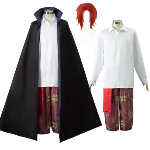 Wigbiu Anime One Piece Shanks Cosplay Kostüm mit roten Haaren für Kinder und Herren Umhang komplettes Set mit Perücke Mantel Uniform Anzug für Halloween Weihnachten Karneval Party Rollenspiel von Wigbiu